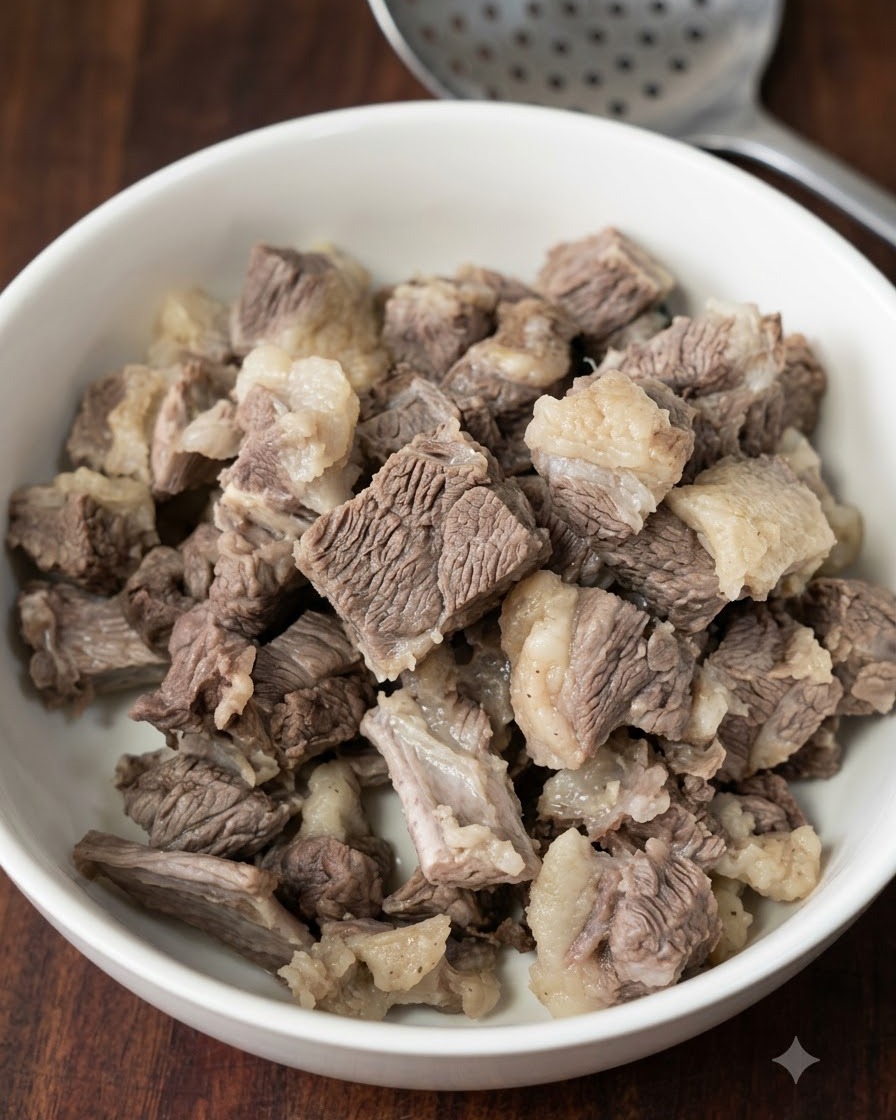 穴あきお玉の上に乗せられ、白いボウルの中に集められた下茹で済みの牛肉の塊。