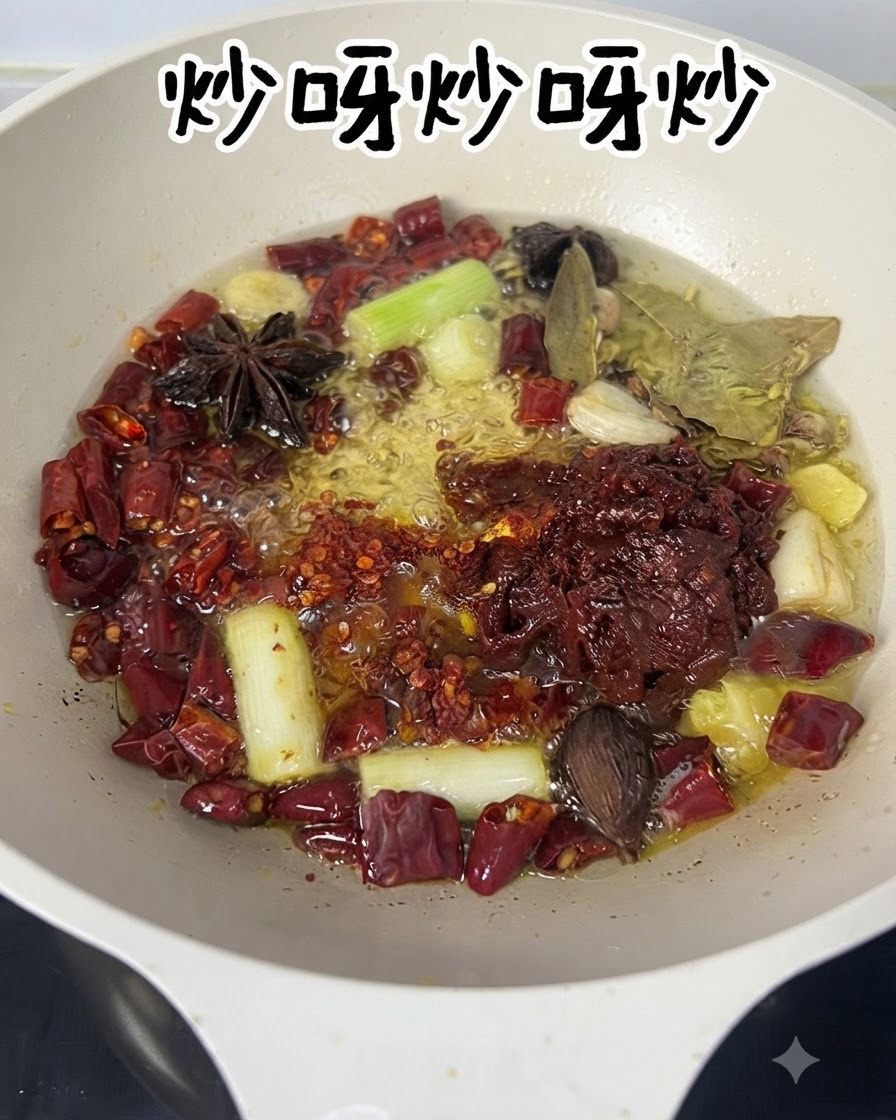 スパイスと豆板醤のペーストがヘラで油と一緒に炒められている様子。