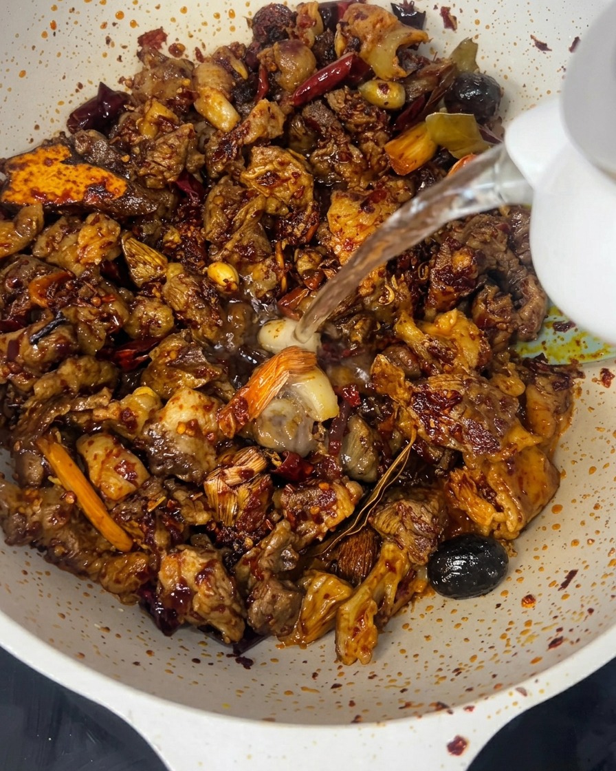 ケトルから熱々の湯が、味付けされた牛肉とスパイスの入った中華鍋に注がれている様子。