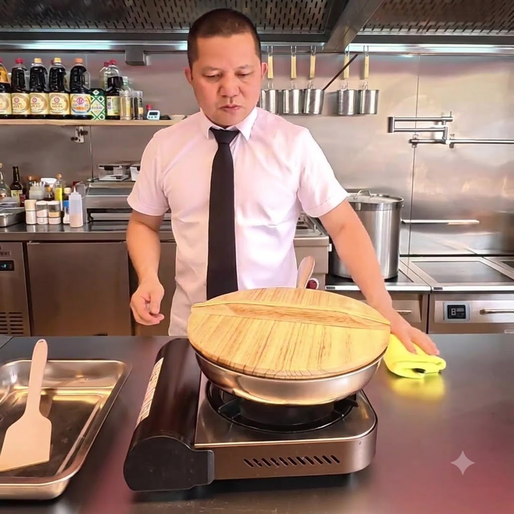 調理済みの竹の子が入ったフライパンに、木製の落とし蓋が置かれているところ。