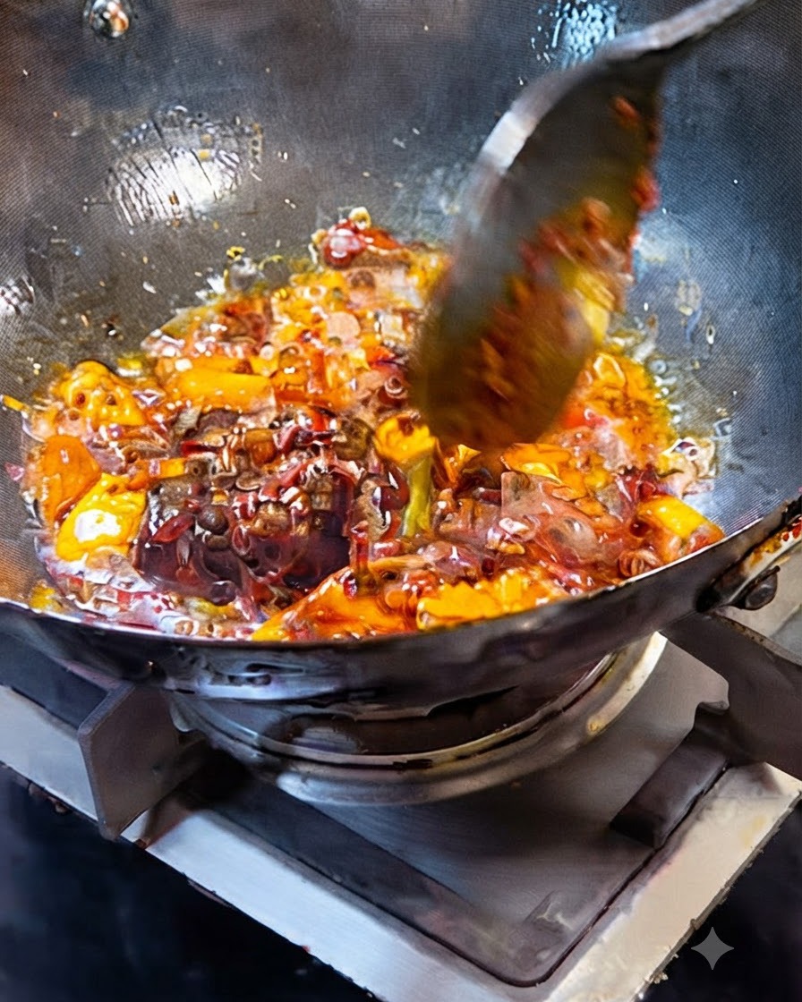 中華鍋の中で、辛味豆板醤、火鍋の素、香味野菜が油の中でジュウジュウと音を立てて炒められているところ。