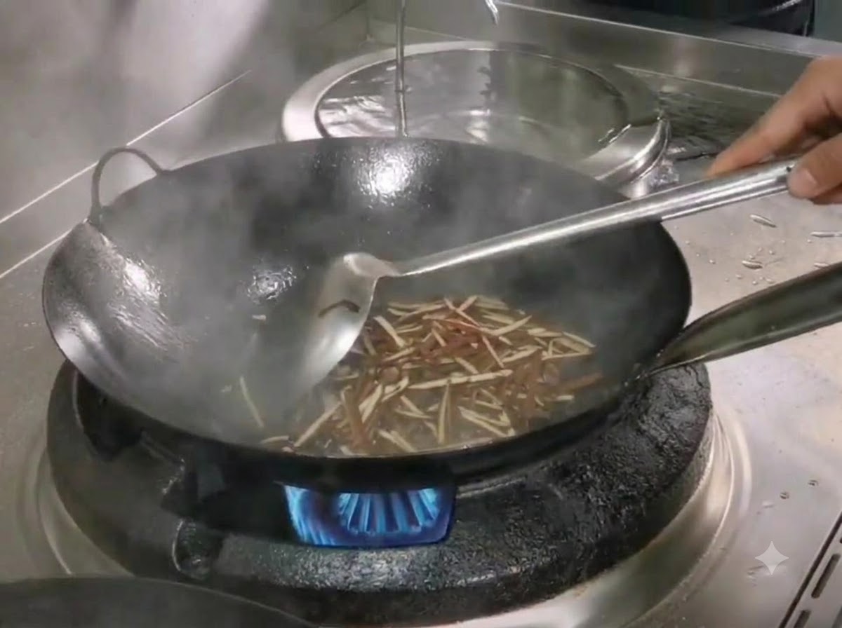 金属锅铲在黑色的炒锅中翻炒着干笋条。