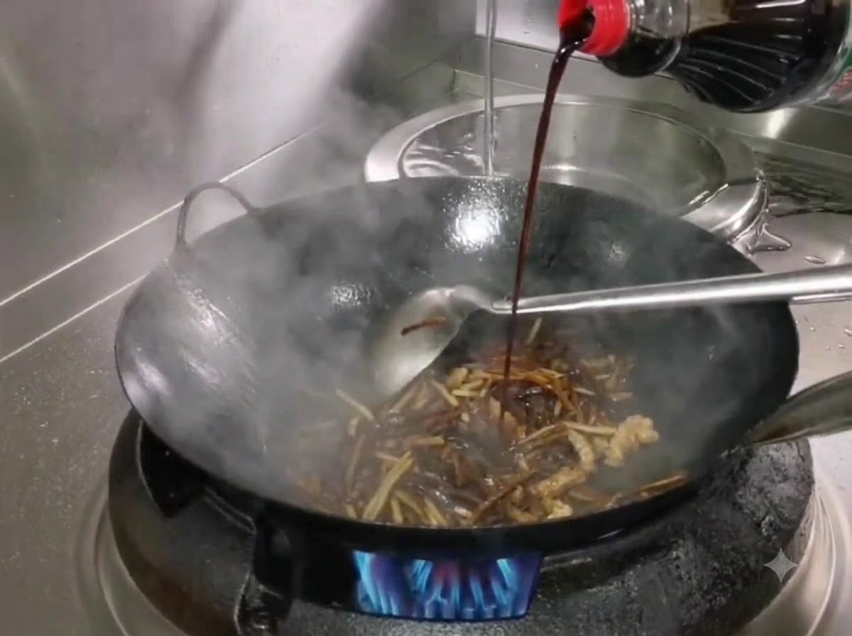 瓶子正向冒着热气的竹笋和肉丝锅中倾倒生抽。