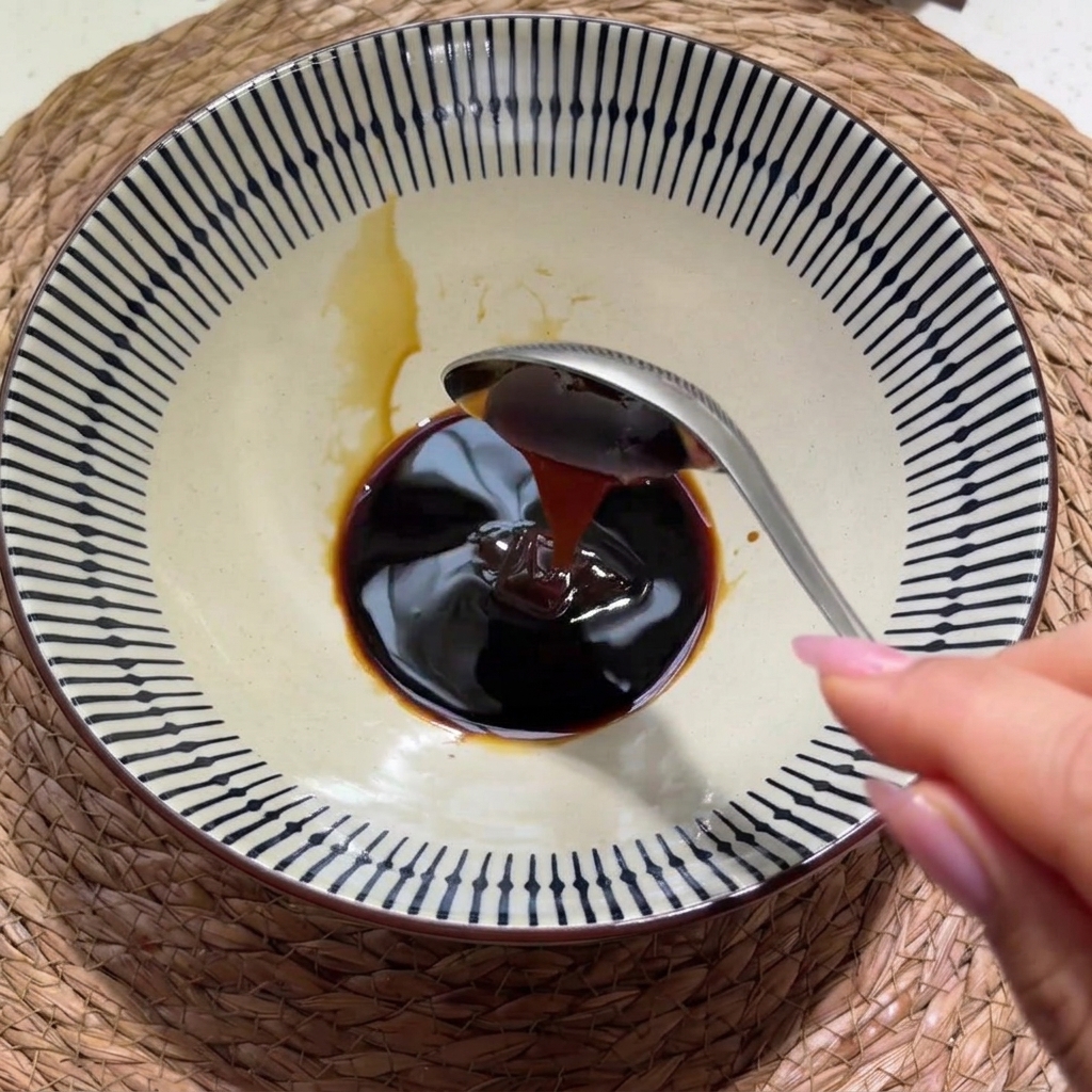 ボウルの中の濃いタレに、小さじに入った白こしょうと鶏がらスープの素を加えようとしているところ。