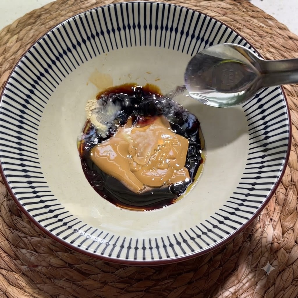 材料がなめらかなペースト状になるように混ぜ合わせながら、スプーンからボウルに温水を注いでいるところ。