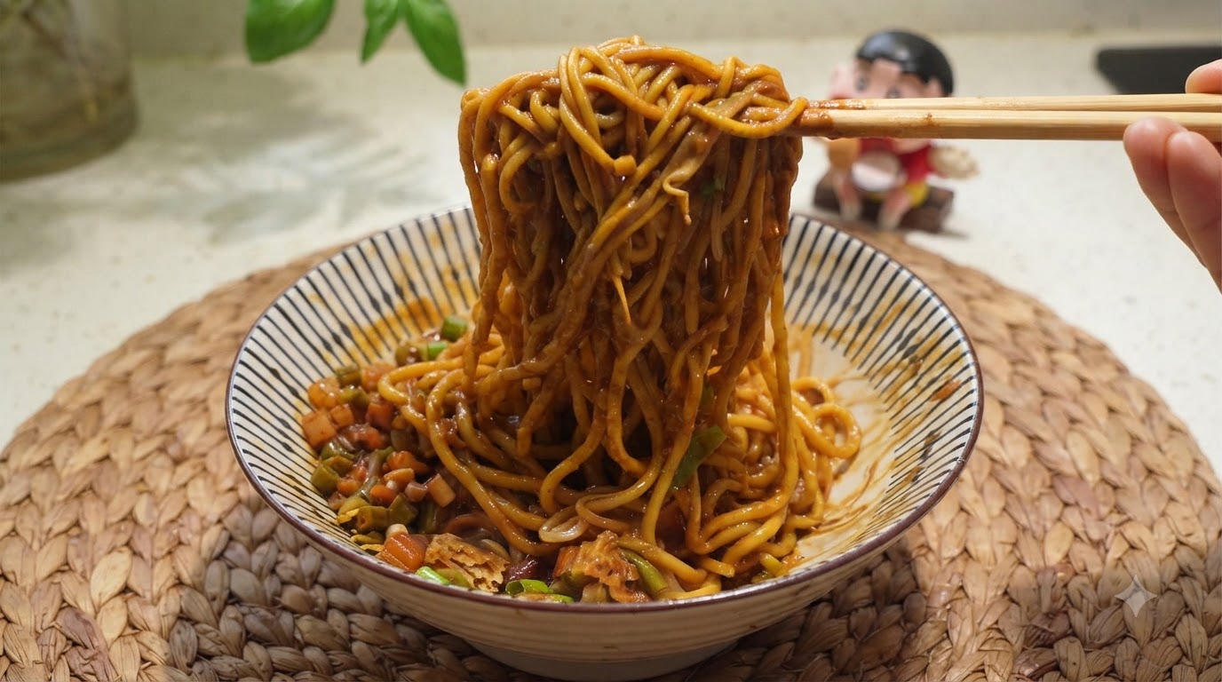 濃厚なごまピーナッツダレが絡む、太くてもちもちとした武漢熱乾麺を持ち上げる箸