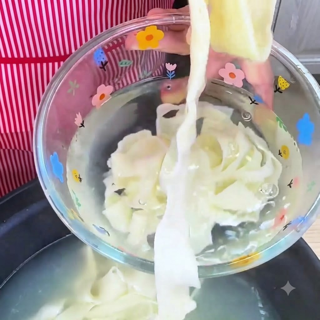 冷水の入ったボウルで茹でた麺を冷やしている様子。