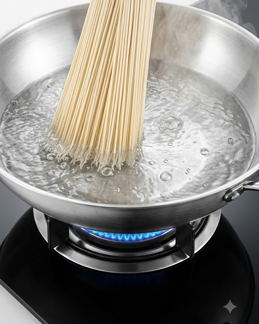 コンロの上の大きなステンレス鍋で沸騰したお湯に、乾麺を入れている様子