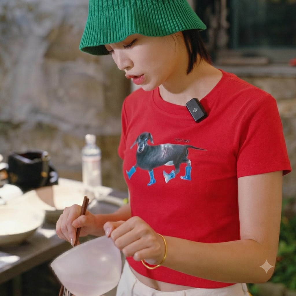 小さな容器から、小麦粉と卵の入ったミキシングボウルに水が注がれている様子。
