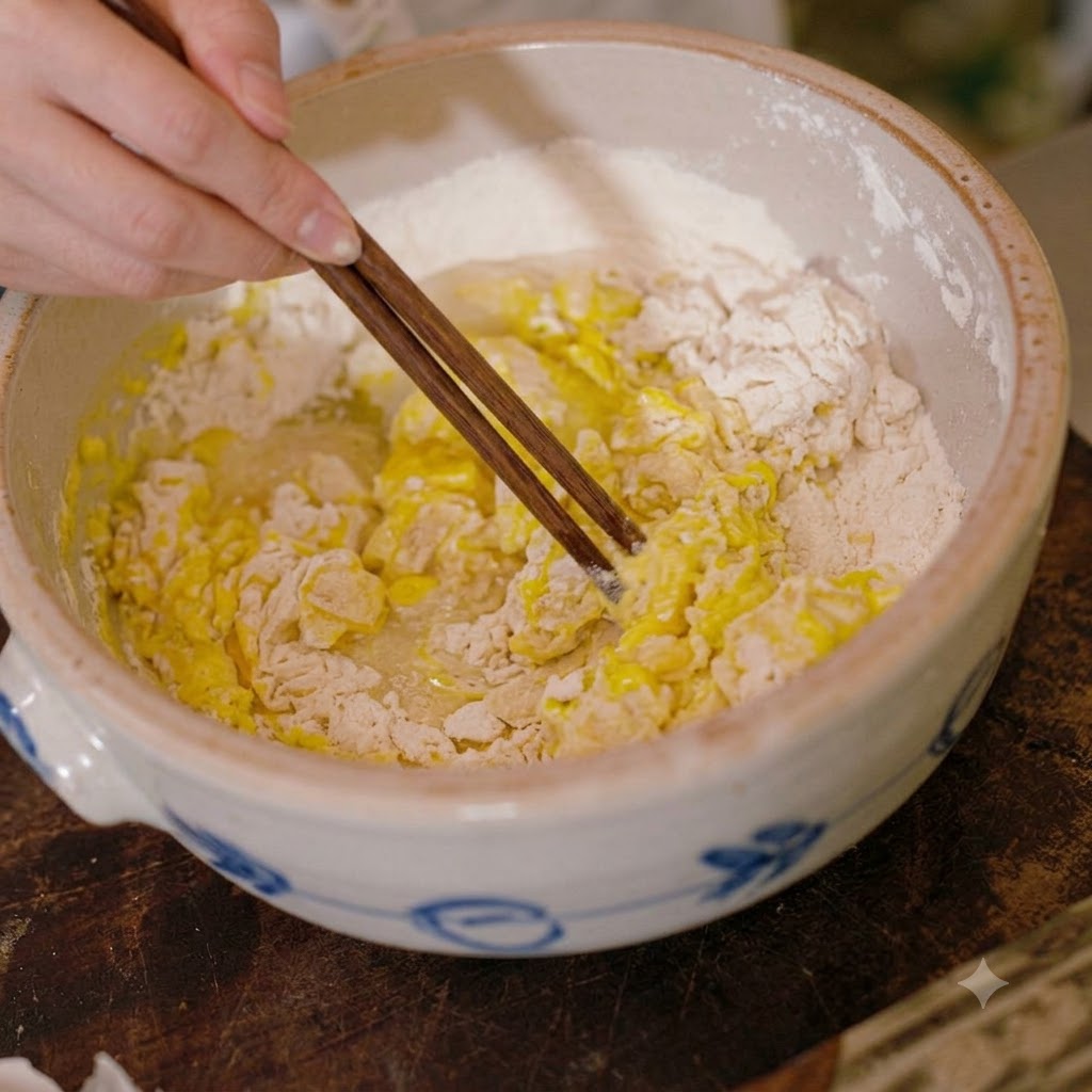 セラミック製のボウルの中で、一対の木製の箸を使って黄色い卵と小麦粉の衣を混ぜ合わせている様子。