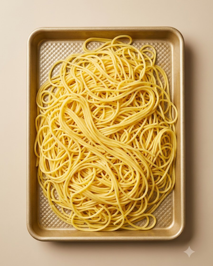 水切りをした後、ゴールドのバテンシートの上に広げられたスパゲッティ状の茹で麺。