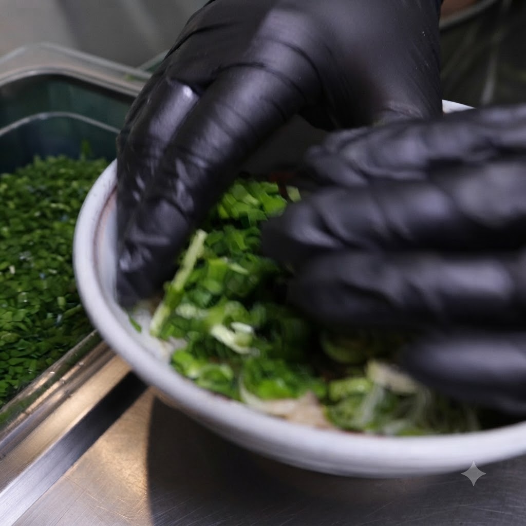 手袋をした手が、麺とネギが入った丼に黒い海苔を綺麗に配置している様子。