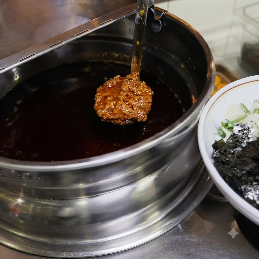 麺の丼の隣で、鍋の上にスープたっぷりの美味しそうなひき肉餡をすくったおたまがある様子。