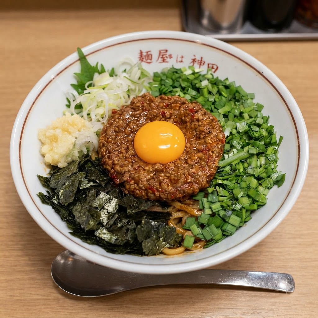 汁なし混ぜそばの上のひき肉の中央に、鮮やかな黄色の生卵の黄身が綺麗に乗っている様子。