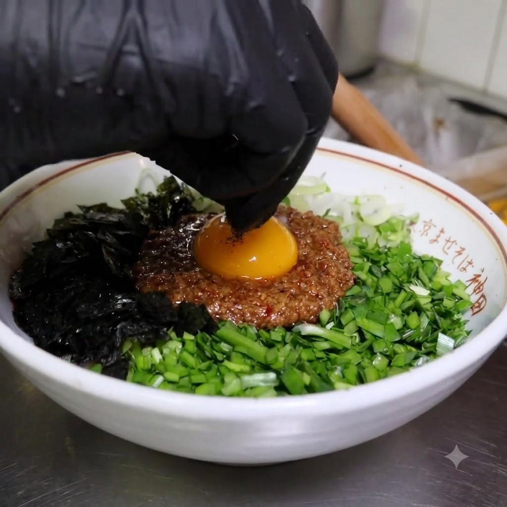 チャーシューのスライスと半分に切った煮卵が、麺の丼の中にきれいに盛り付けられている様子。