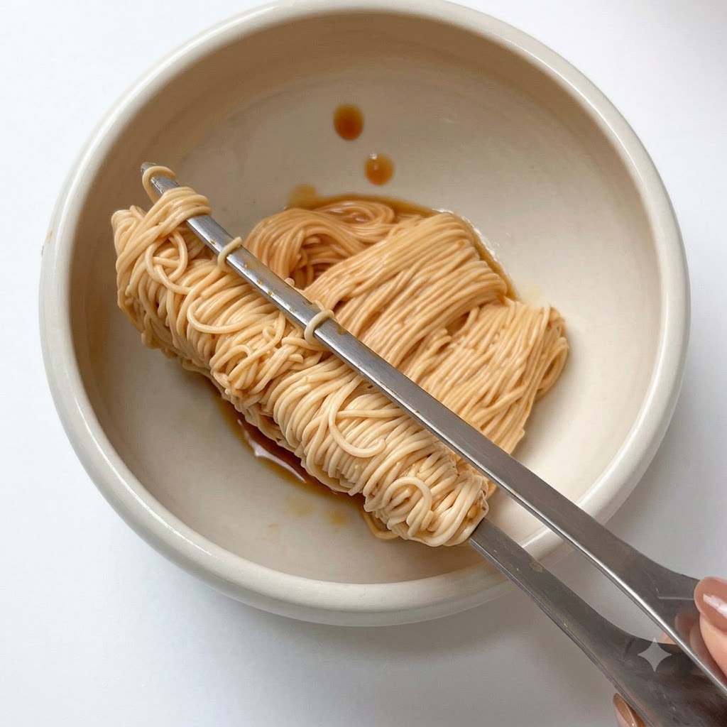 金属製のトングで、白い陶器の盛り付け皿にタレの絡んだ麺を移している様子。