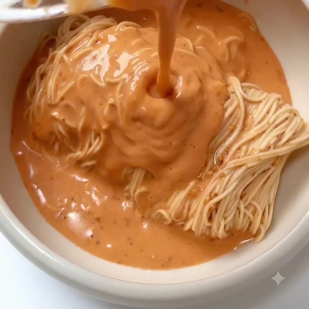 上から、なめらかでクリーミーな赤いタレが盛り付け皿の麺の上にかけられている様子。
