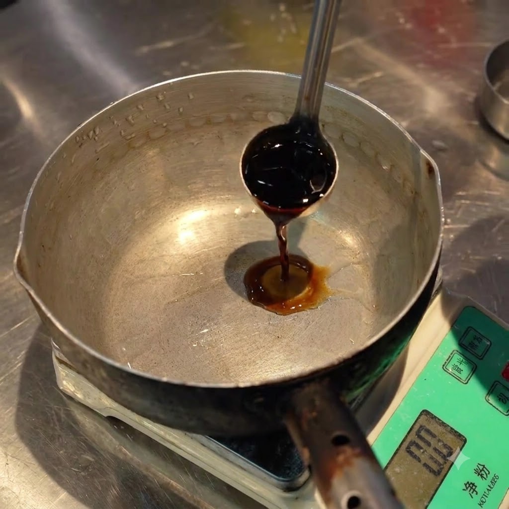 キッチンスケールの上に置かれた小さな金属製の鍋に醤油が注がれている様子。