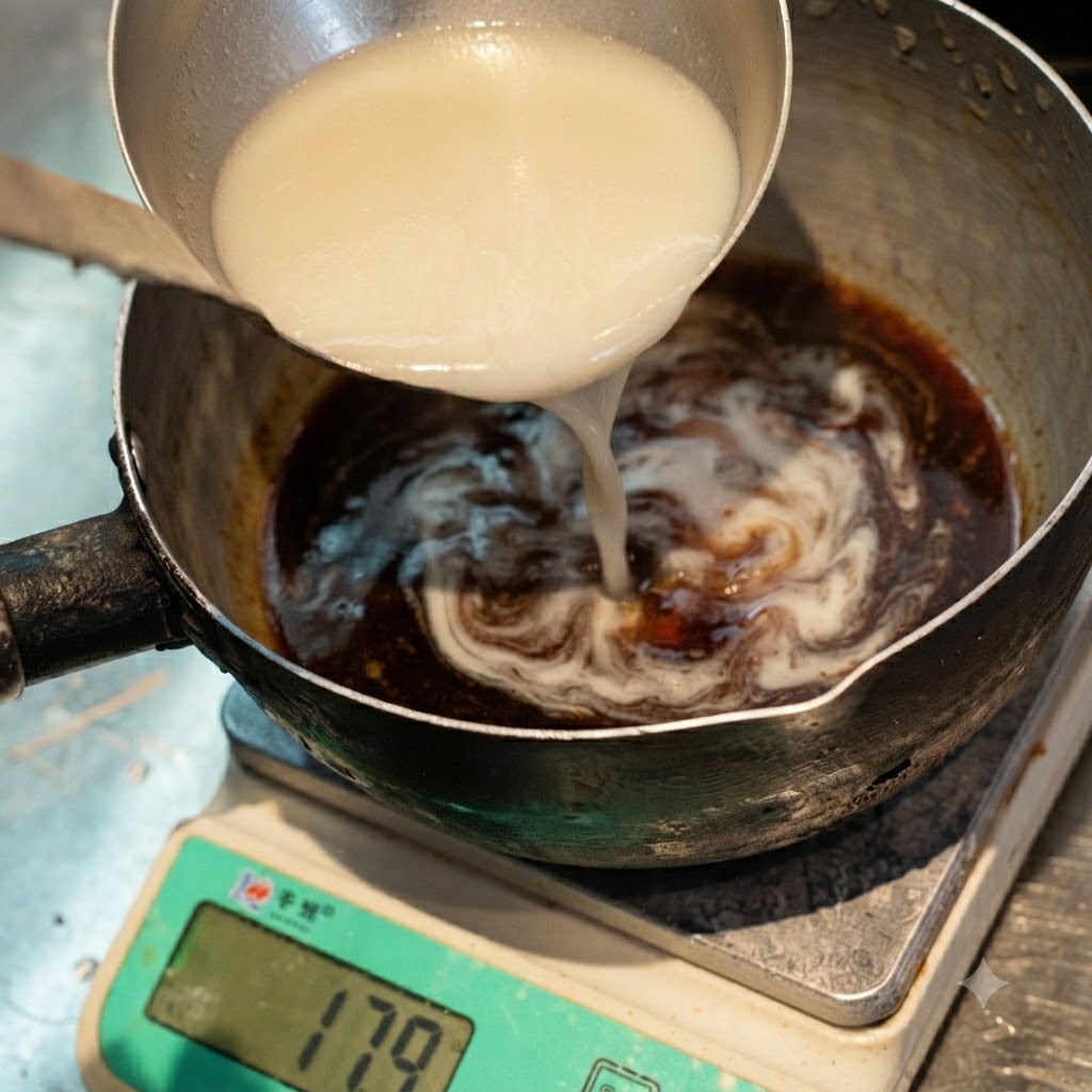 お玉を使って、調味料の入った鍋にボーンブロスが加えられている様子。