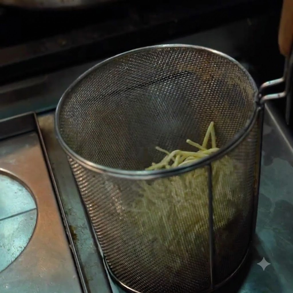 加熱の準備として、金属製のテボ(茹でザル)の中に麺がきれいに並べられている様子。