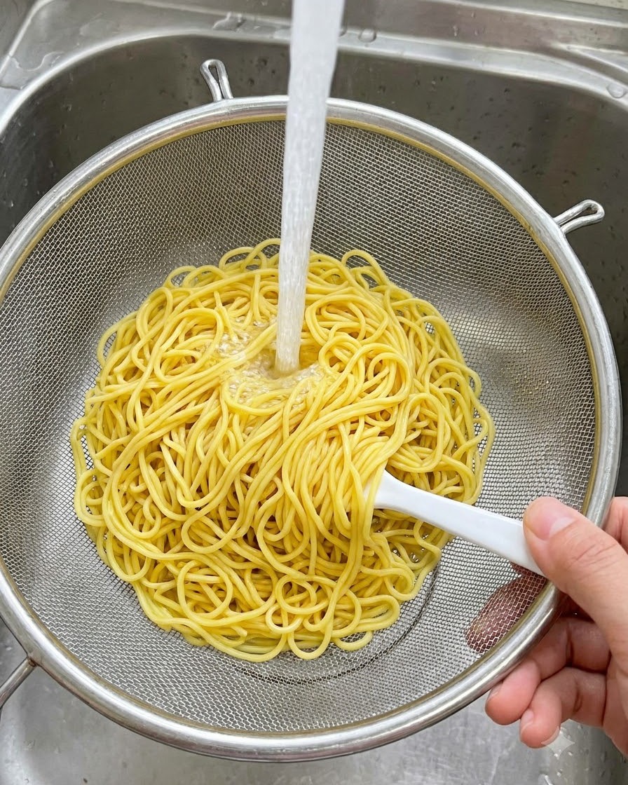金属製のザルに入れられた茹で上がりの麺が、水道の流水で冷やされている様子。