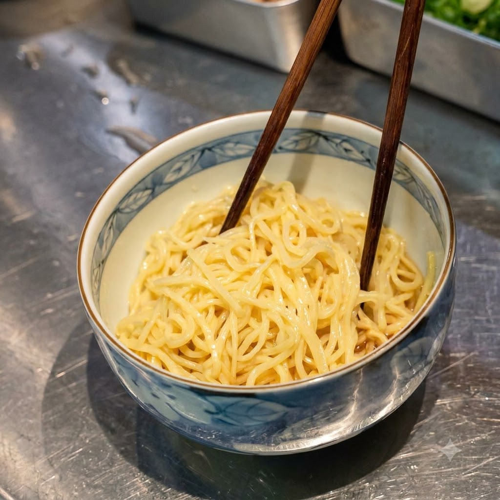 柄のある陶器の丼の中で、箸を使って麺とタレが混ぜ合わされている様子。