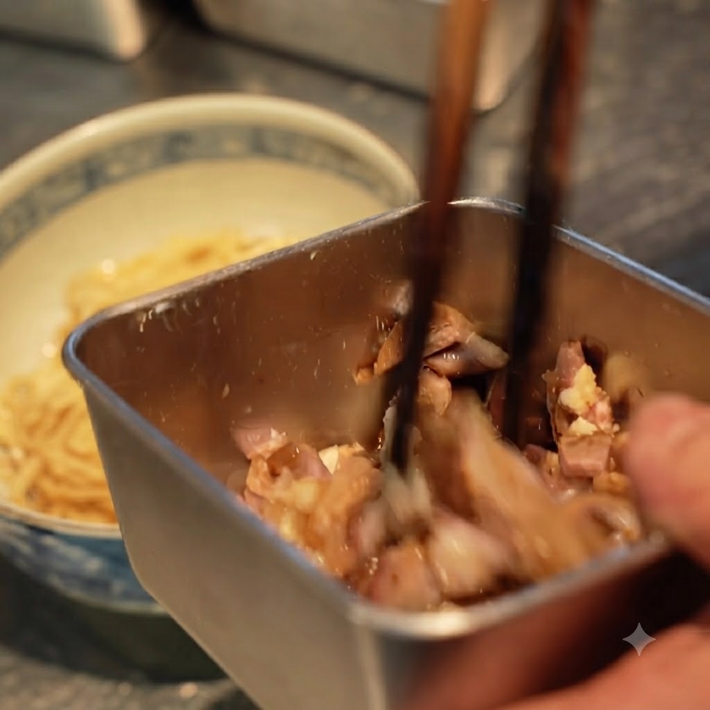 丼の中にある麺の上に、箸で刻みチャーシューが加えられている様子。