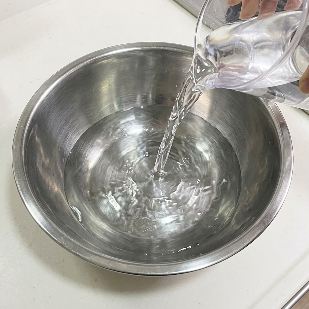 透明な計量容器からステンレス製のボウルに水が注がれている様子。