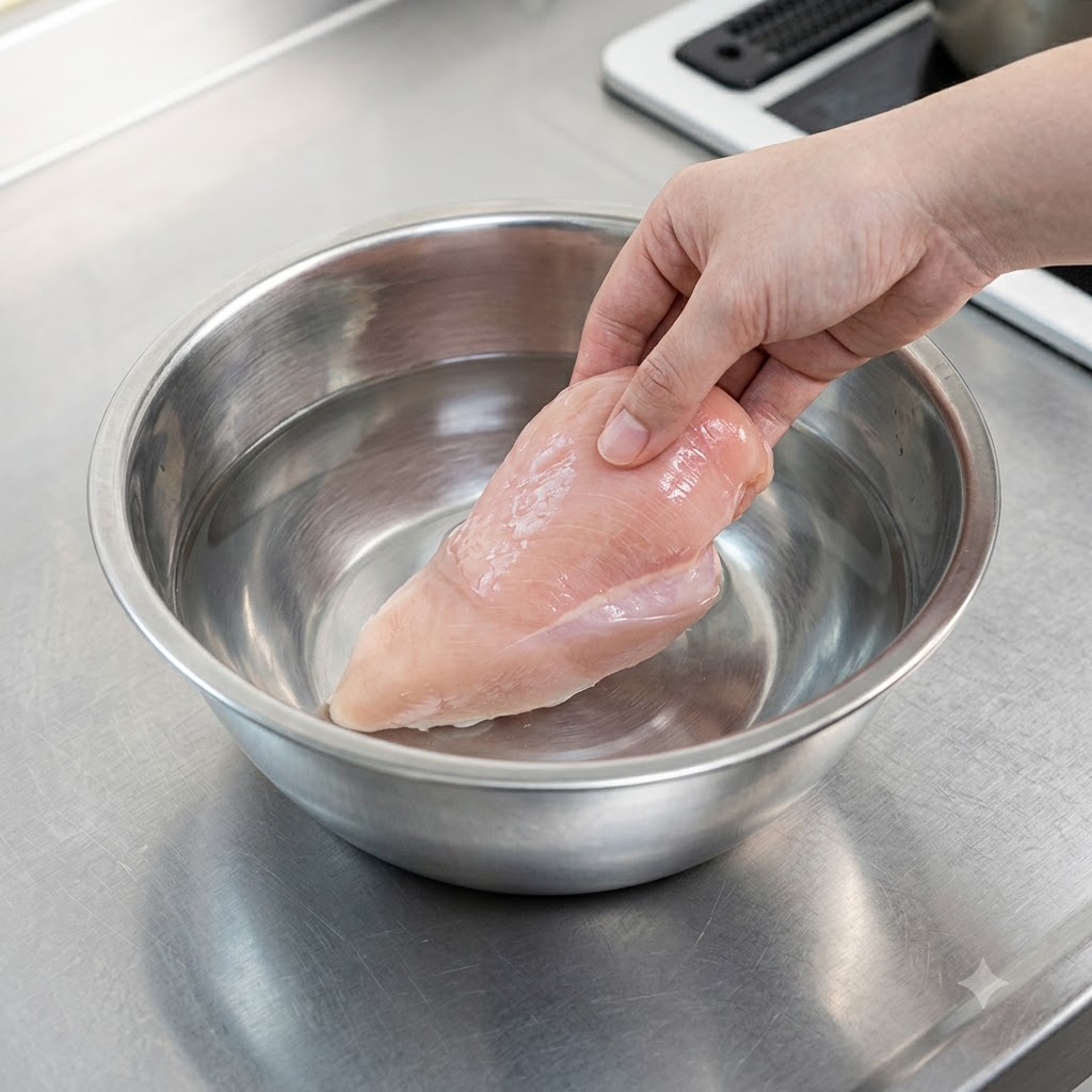 生のエビのような鶏むね肉が水の中に手で優しく入れられている様子。