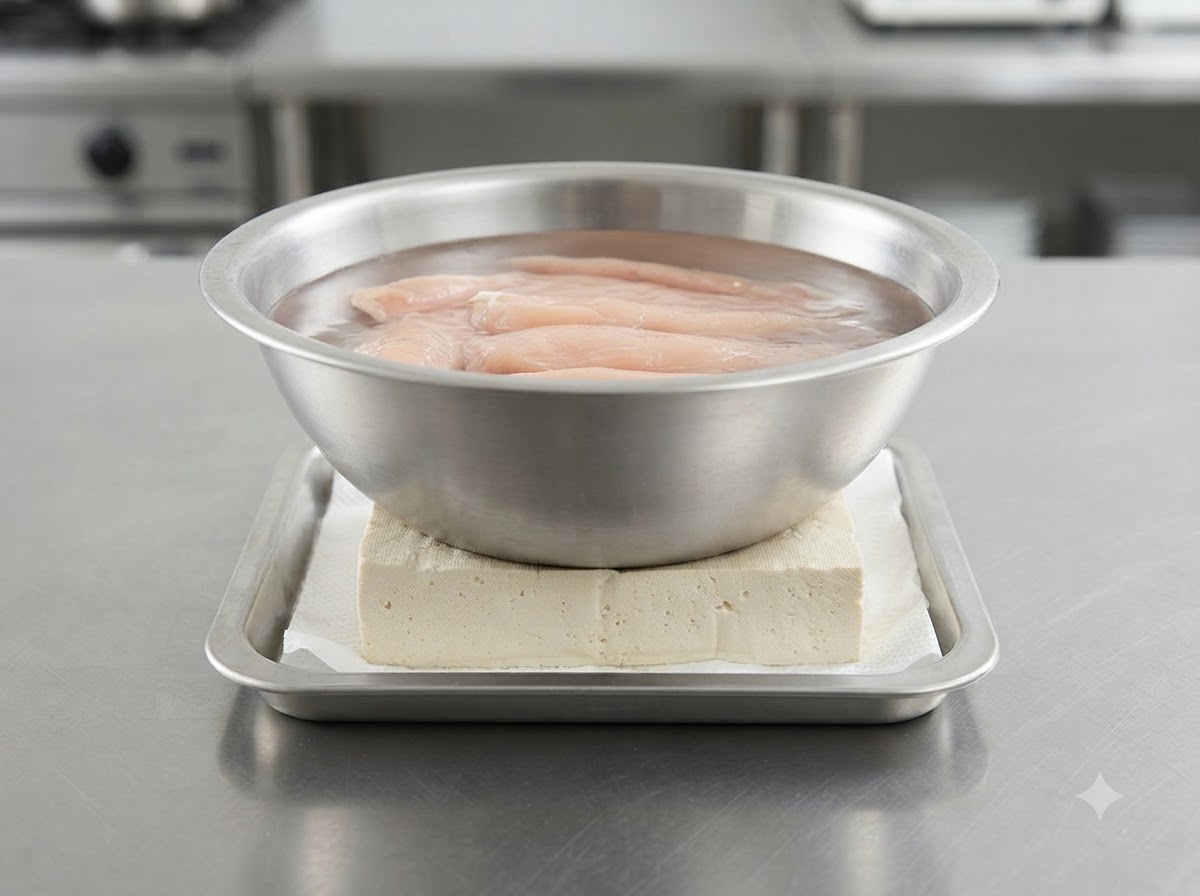 キッチンペーパーに包まれた木綿豆腐の上に、水が入った金属製ボウルが重しとして乗せられている様子。