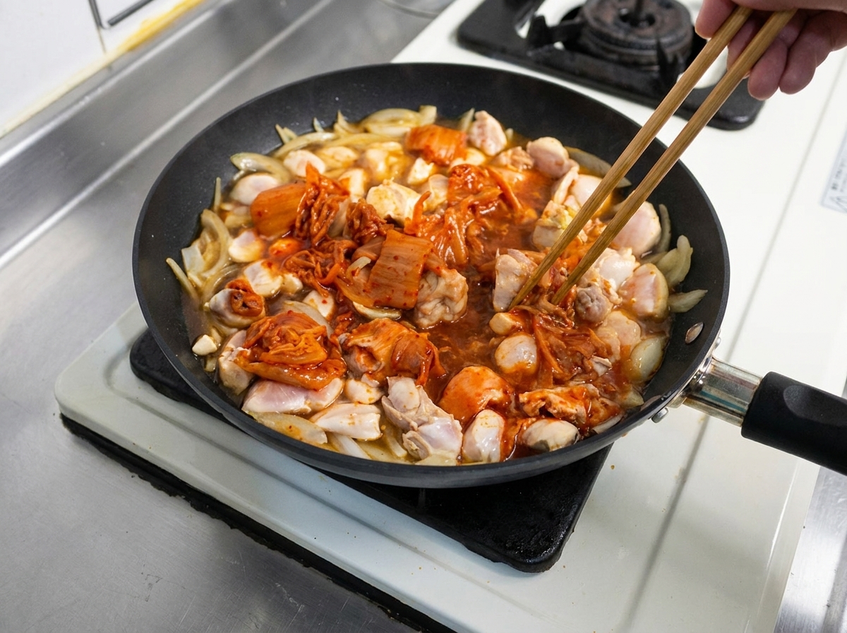木製の箸を使って煮込んでいる鶏肉と玉ねぎの出汁にキムチが混ぜ込まれている様子。
