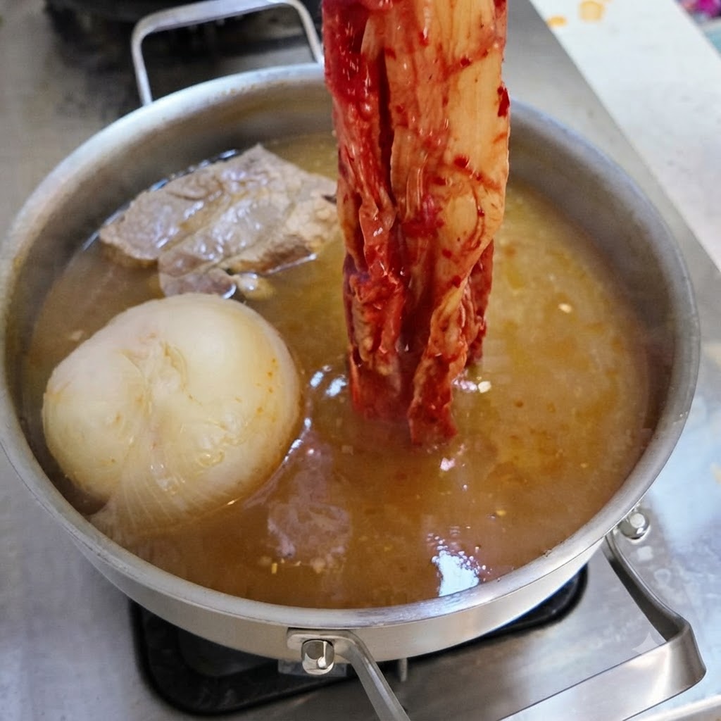 煮立っているスープの中に、赤い熟成辛口キムチの長い茎を入れているところ。