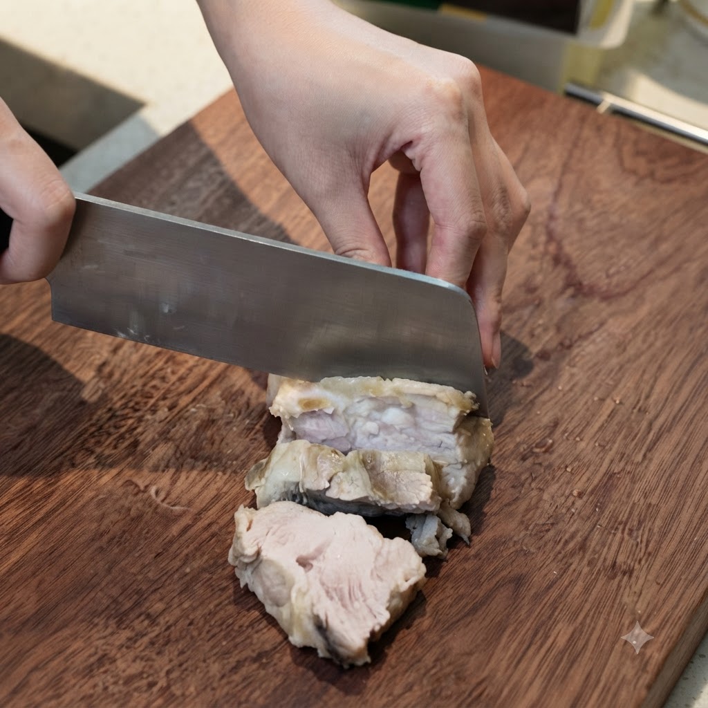 木製のまな板の上で、キッチンナイフを使って茹でた豚肉をきれいにスライスしているところ。