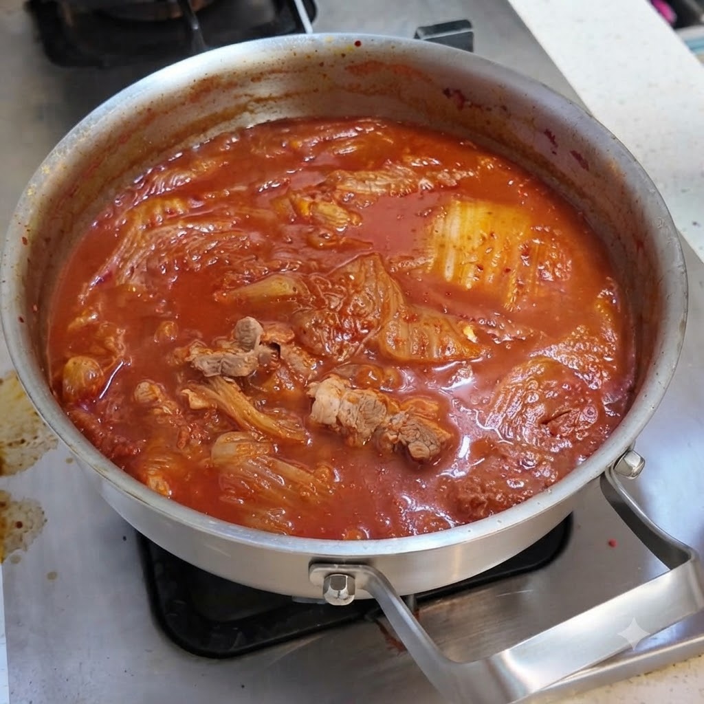 グツグツ煮える赤いキムチスープの中に、スライスした豚肉、ランチョンミート、おぼろ豆腐がきれいに並べられている様子。