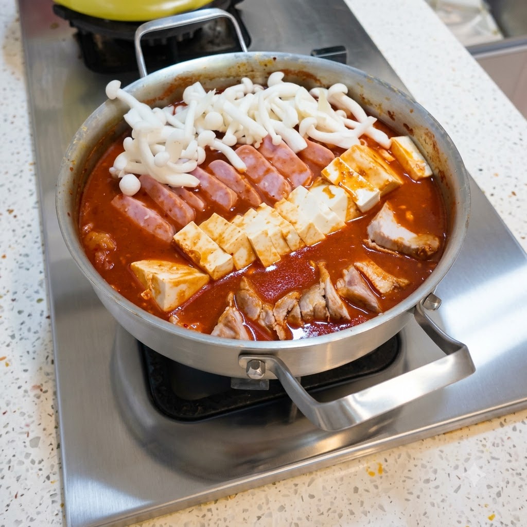 鍋の中で重ねられた豆腐、肉、キムチの具材の上に、新鮮な白いきのこが盛り付けられているところ。