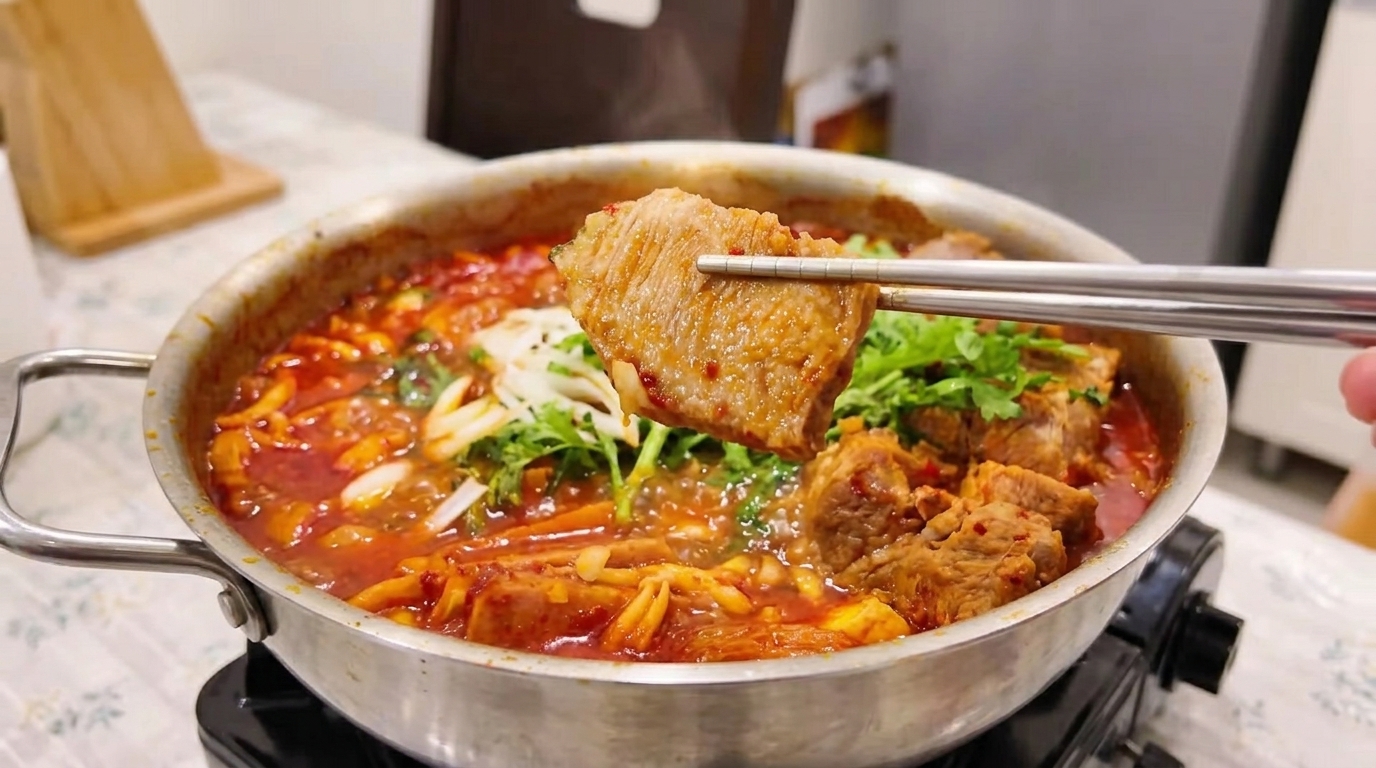 新鮮な小ねぎと玉ねぎのスライスをトッピングした、グツグツと煮えるスパイシーなキムチ豚肉鍋