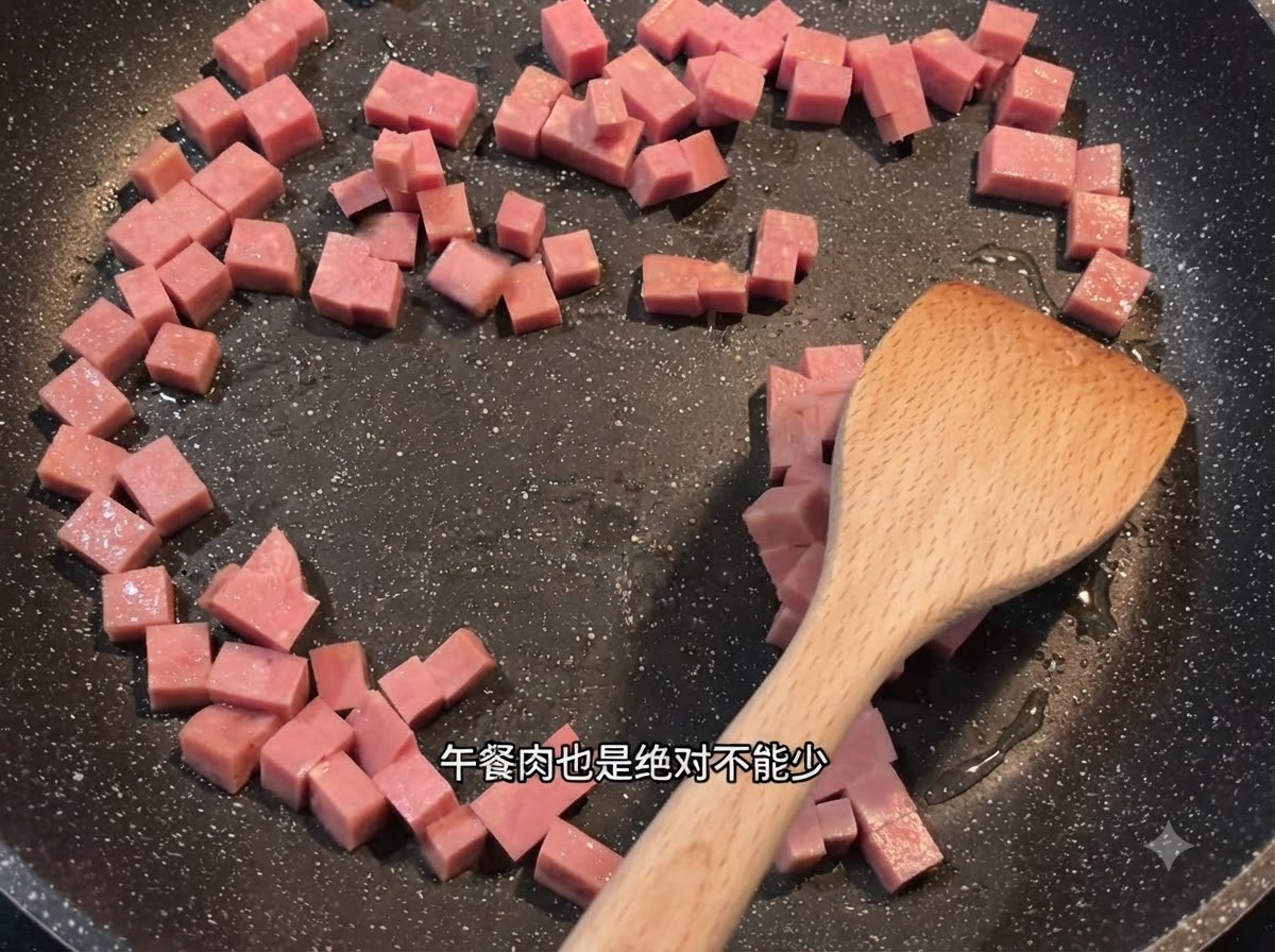 油を引いた黒いフライパンの中で、木べらを使ってピンク色の角切りスパムを炒めている様子。