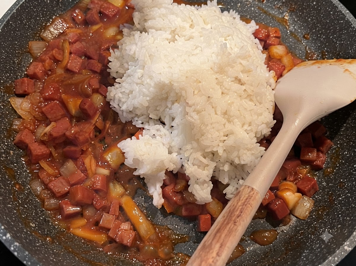 フライパンの中のスパムと赤いソースの上に、温かいご飯を乗せた様子。