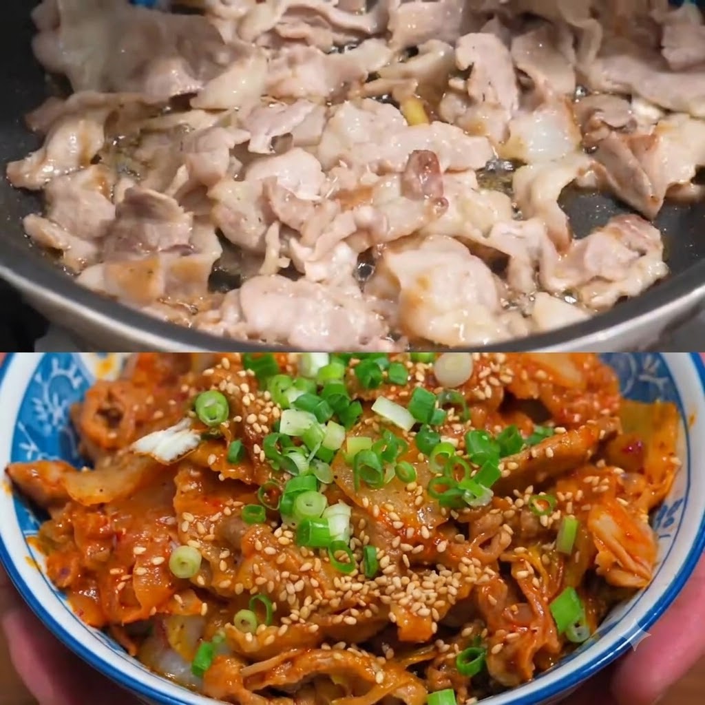 炒めている豚肉に玉ねぎのスライスを混ぜ入れている様子。