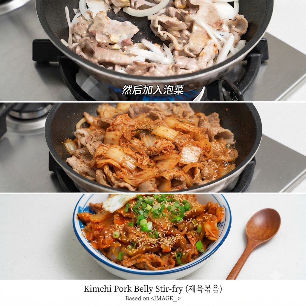 豚肉と玉ねぎの上にキムチの具材と赤い汁を注いでいる様子。