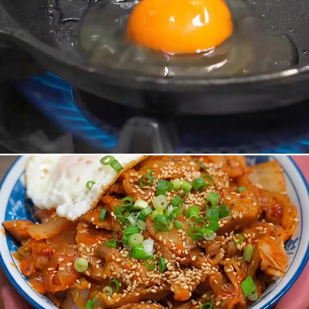 青いガスの火にかけたスキレットで目玉焼きを焼いている様子。