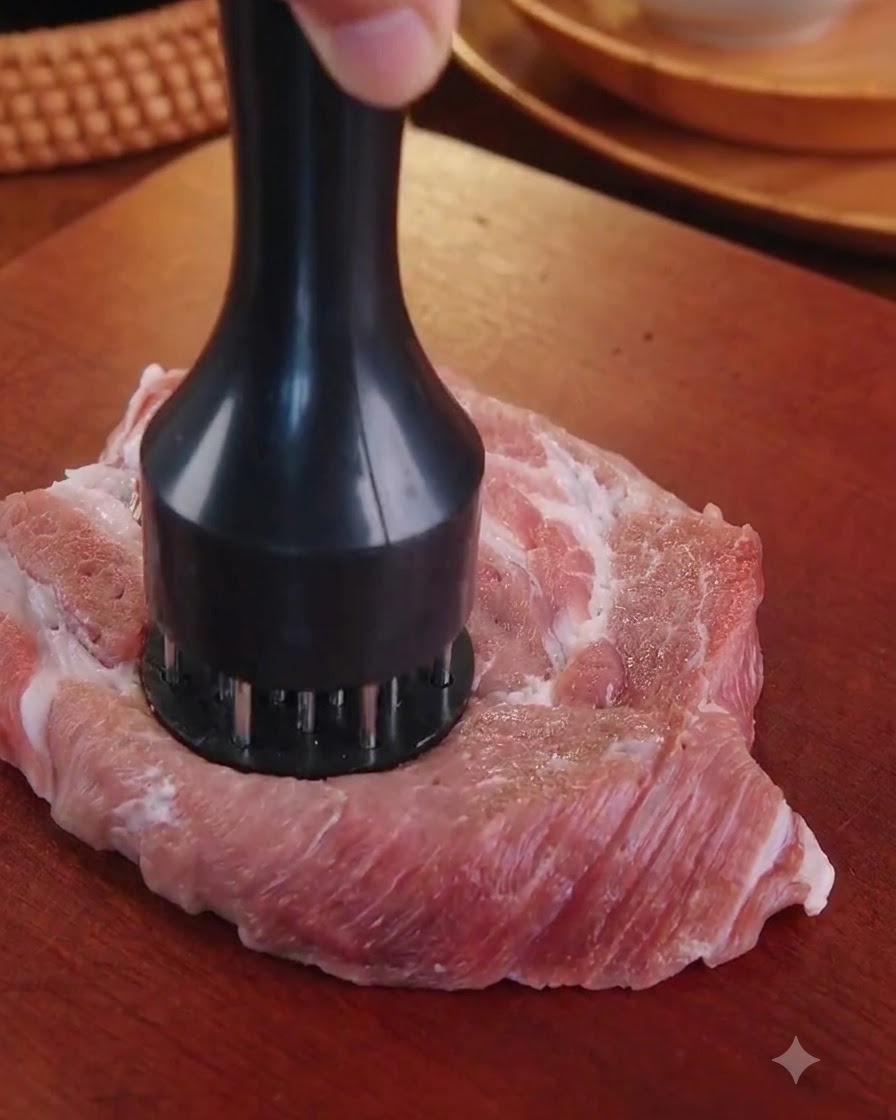木のまな板の上で、肉叩きを使って豚肉を叩いている様子。