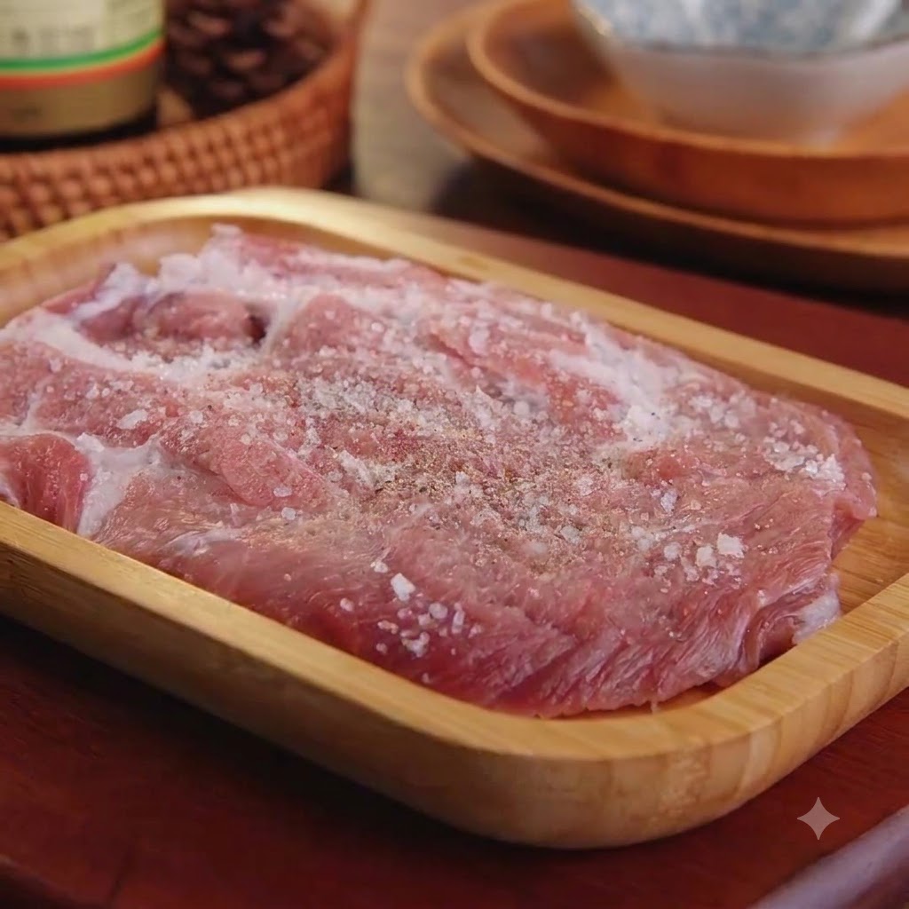 木のトレイにのせた、粗塩とこしょうで味付けされた生の豚肉。