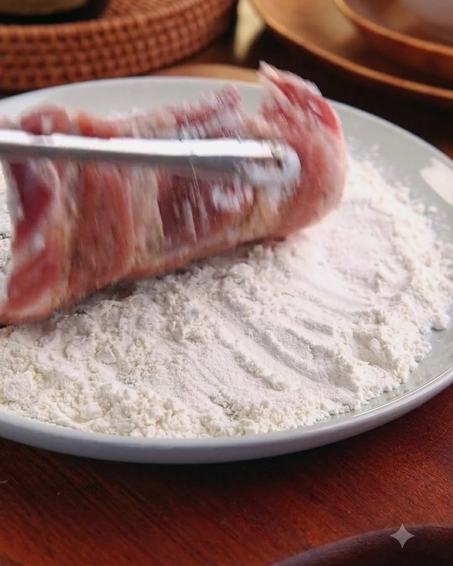 トングを使って、小麦粉の入った皿から粉をまぶした豚肉を持ち上げている様子。