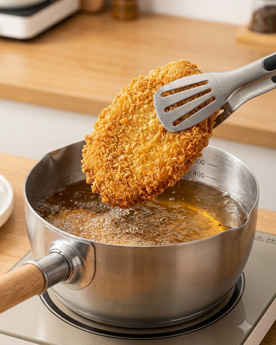 トングを使って、衣をつけた豚肉を熱した揚げ油の中に入れている様子。