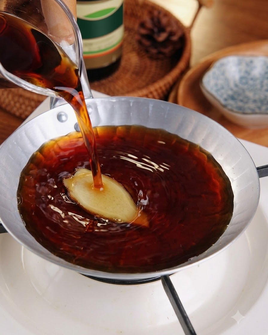 コンロの上の浅い金属製のフライパンに、混ぜ合わせたタレを注いでいる様子。