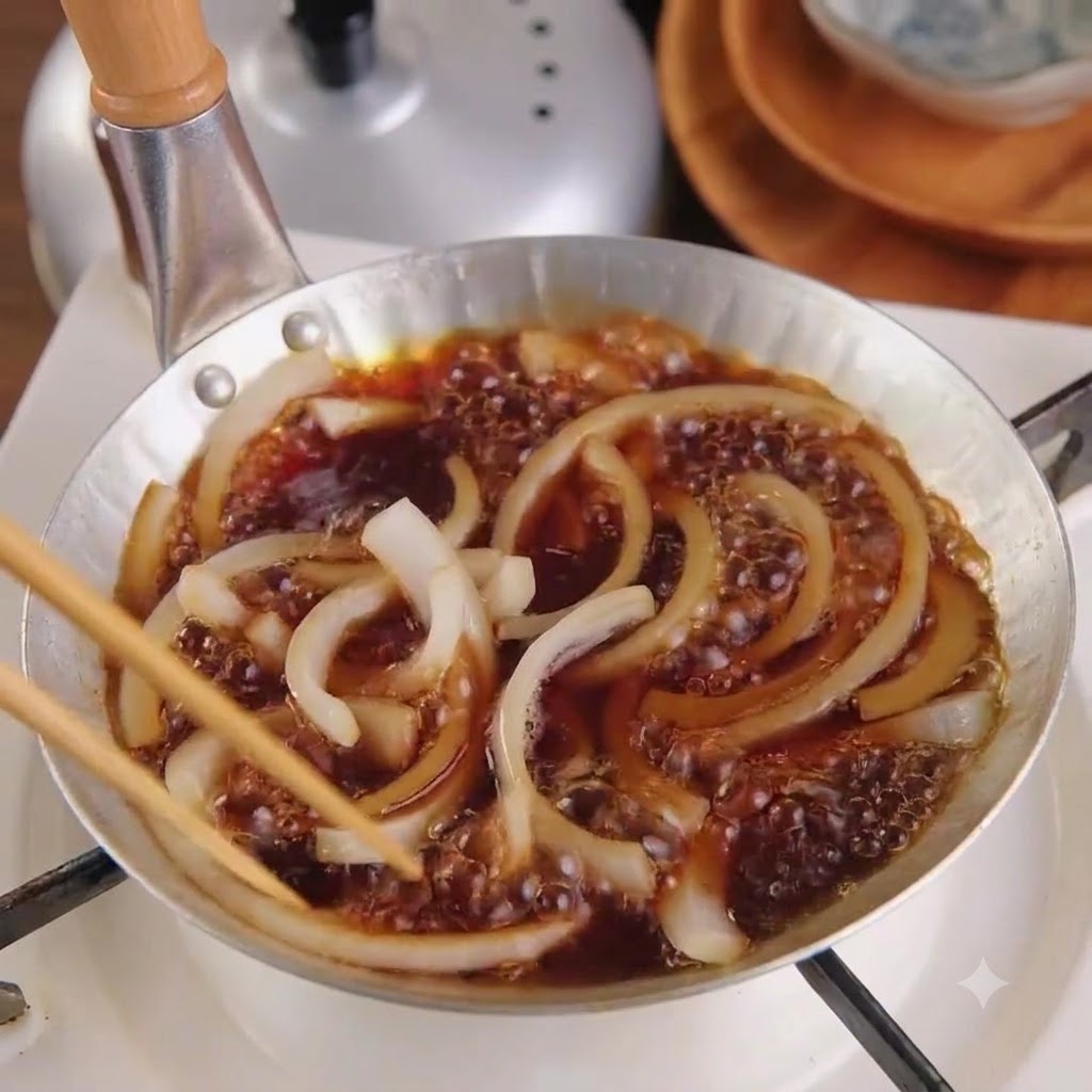 小さなフライパンの中で、菜箸を使ってタレと一緒に玉ねぎを煮ている様子。