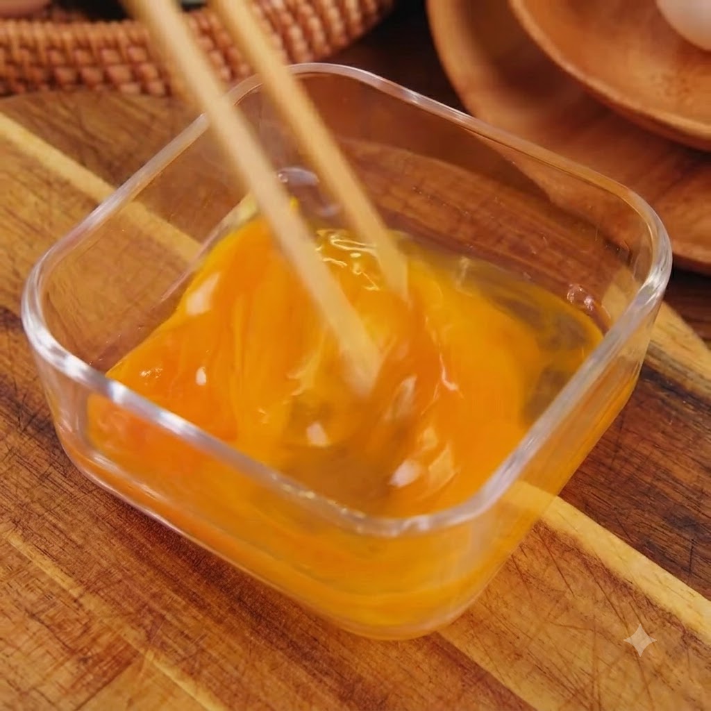 透明な四角いボウルの中で、菜箸を使って2個の生卵を軽く溶いている様子。
