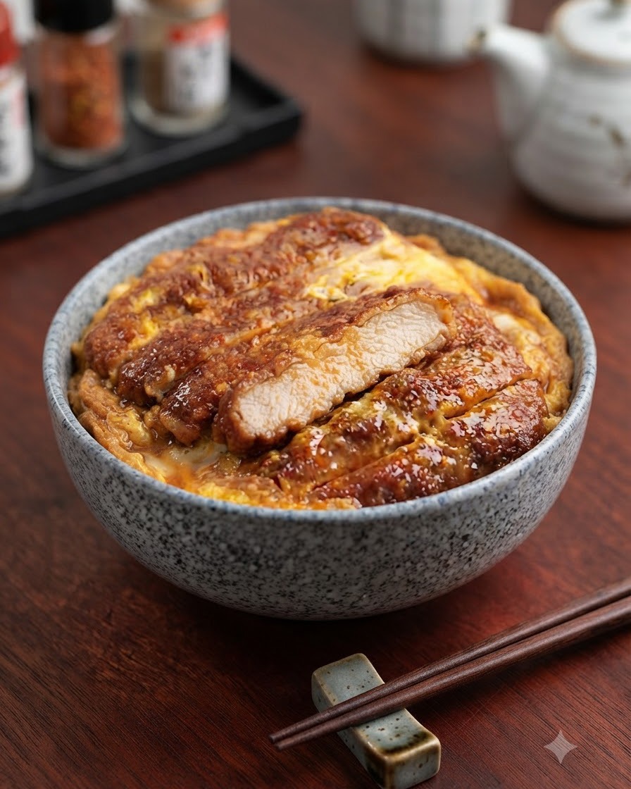 美しい陶器の丼に盛られた、青ねぎがトッピングされた完成したかつ丼。