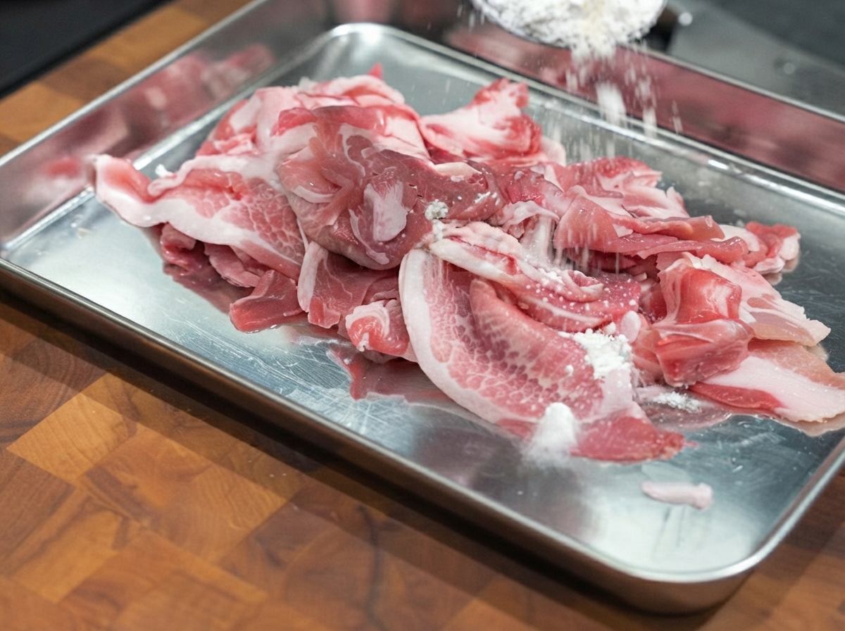 バットに並べた豚薄切り肉に小麦粉をまぶしている様子